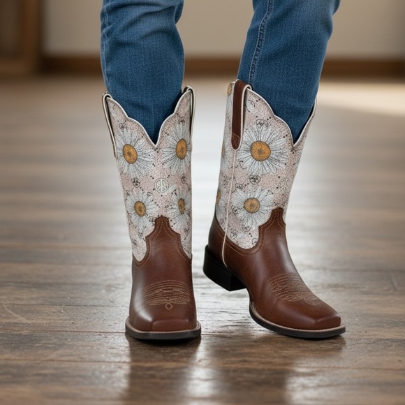 Ariat Shoes - 💚Ariat Round Up Square Toe Daisy Print Leather Cowboy Boots